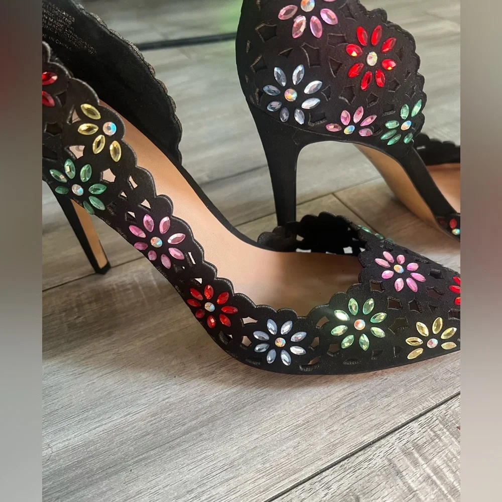 INC International Concepts Black Heels with Multicolor Floral Design